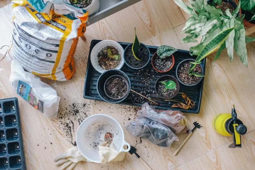 Materiais de jardinagem no chão, incluindo sacos de terra, vasos pequenos, tesoura de poda e luvas.